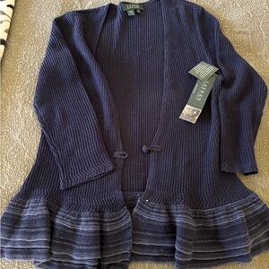 LAUREN RALPH LAUREN NAVY LINEN CARDIGAN WITH RUFFLE HEMLINE  WOMEN’S SIZE M nwt